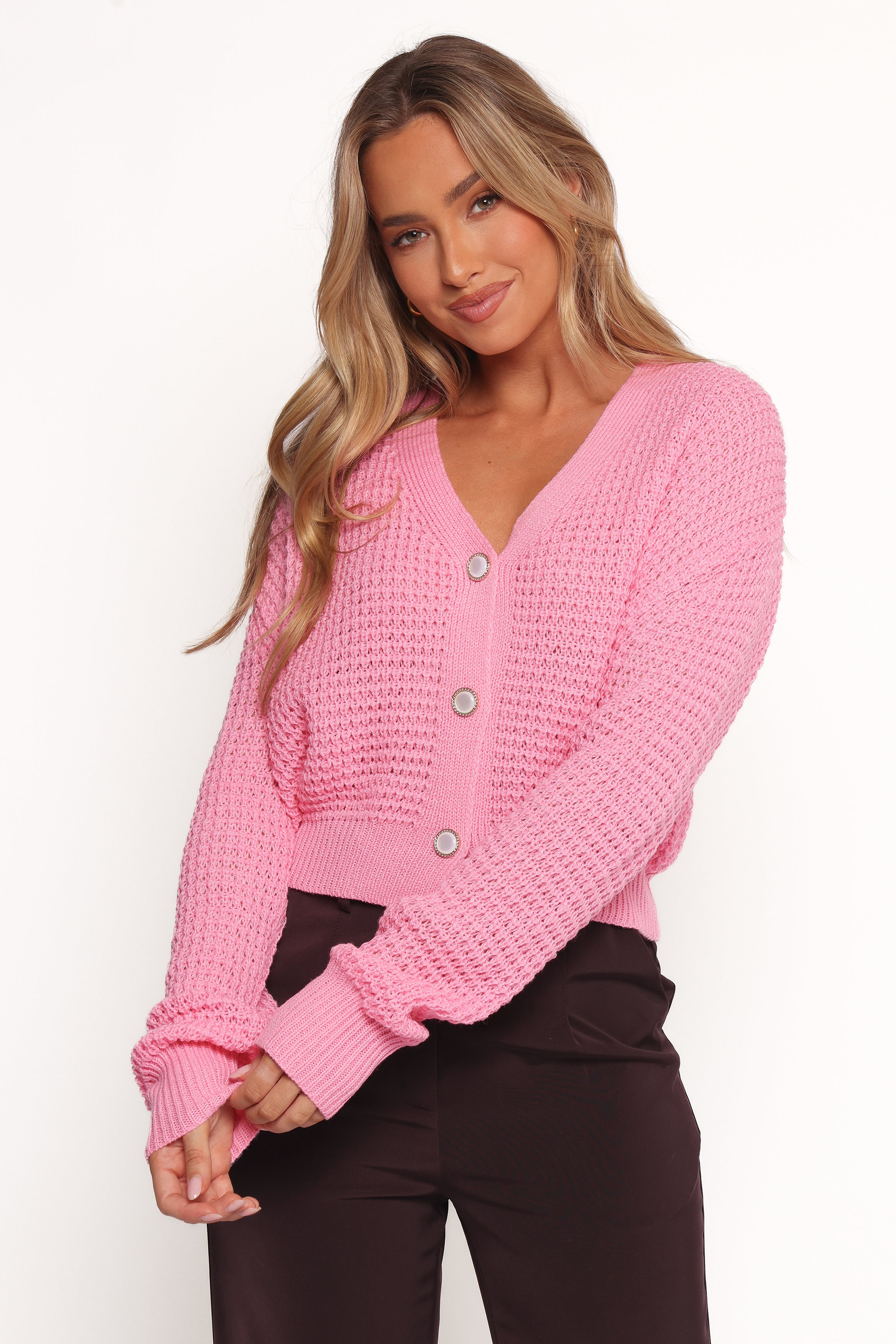 Bronwyn Waffle Knit Cardigan - Pink