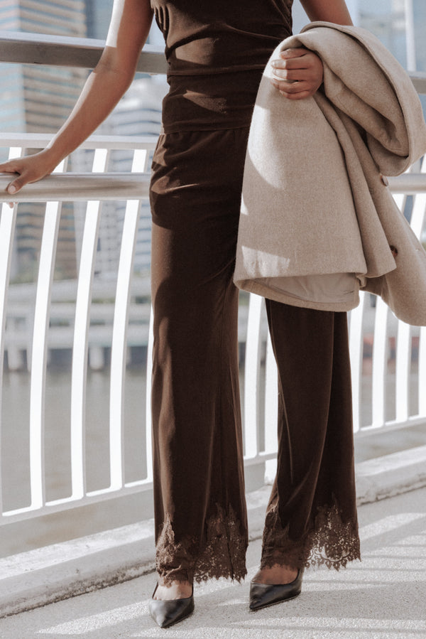 Layton Wide Leg Lace Trim Pants - Chocolate Velvet