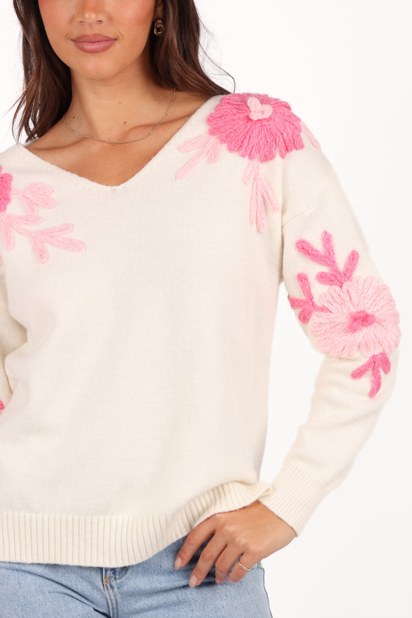 Celeste Embroidered Flower Knit Sweater - Cream/Pink