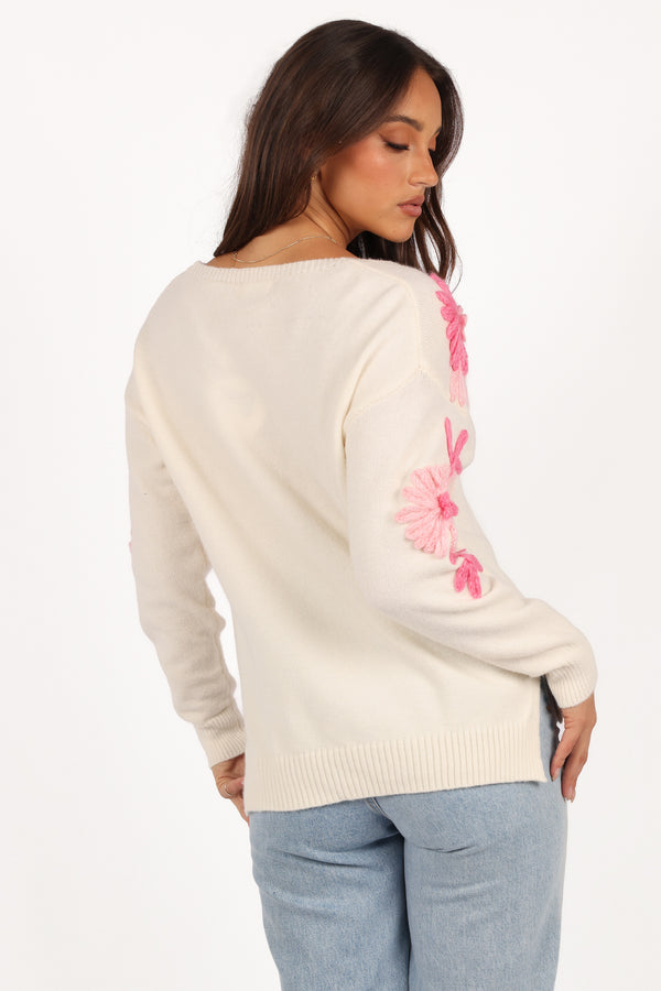 Celeste Embroidered Flower Knit Sweater - Cream/Pink