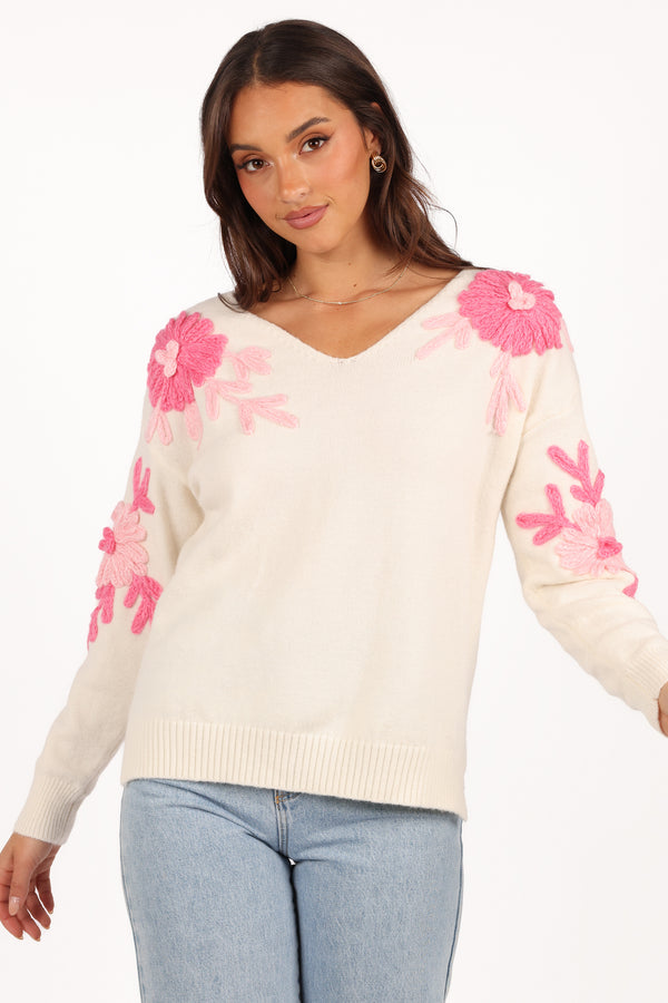 Celeste Embroidered Flower Knit Sweater - Cream/Pink