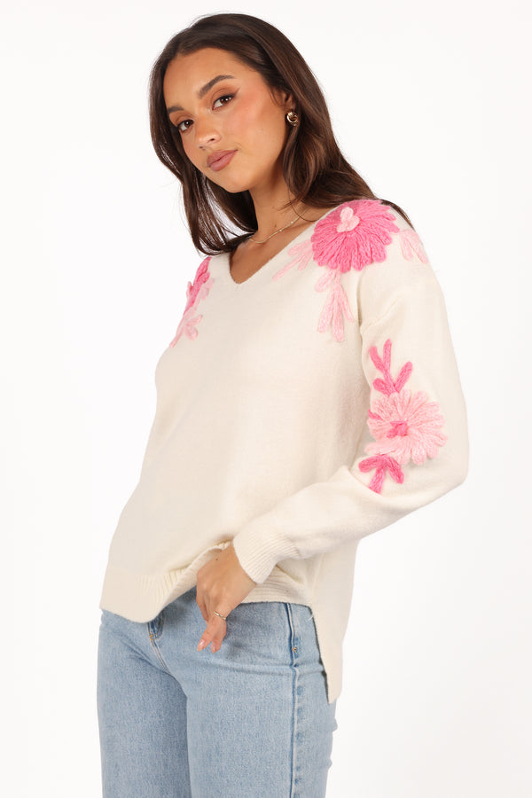 Celeste Embroidered Flower Knit Sweater - Cream/Pink