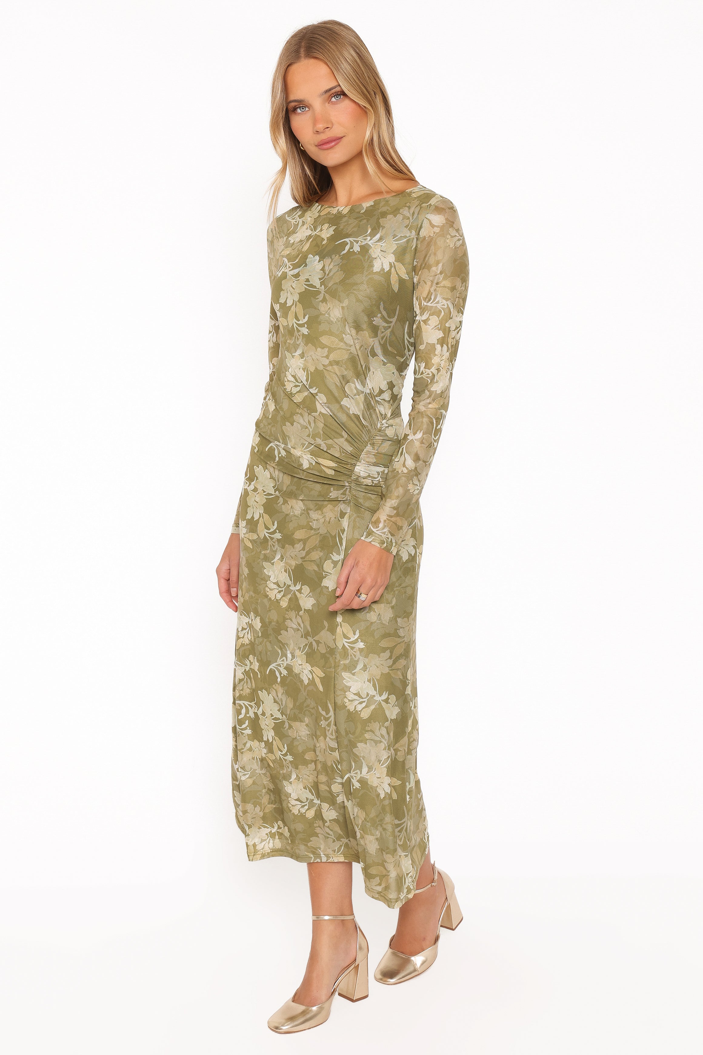 Chelsea Ruched Mesh Maxi Dress - Green Floral