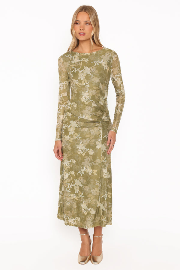Chelsea Ruched Mesh Maxi Dress - Green Floral