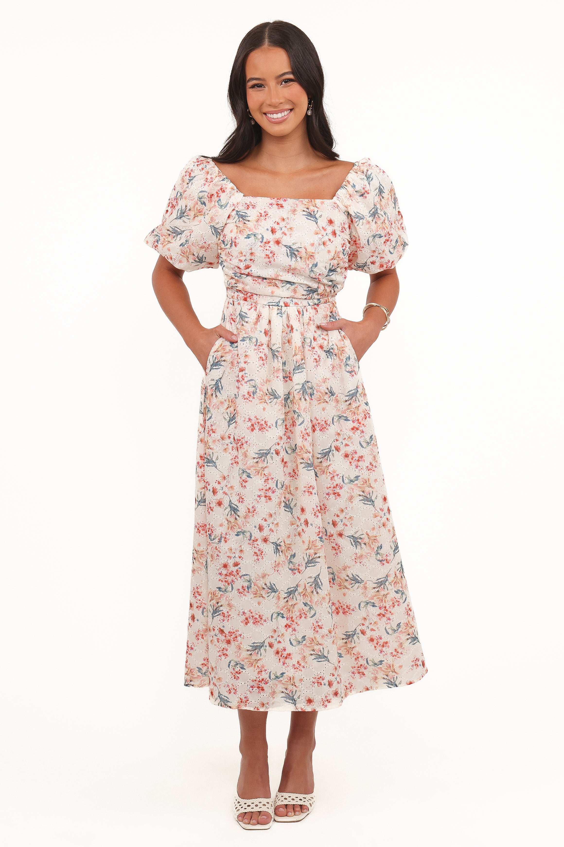 Clo Puff Sleeve Midi Dress - Ivory Floral