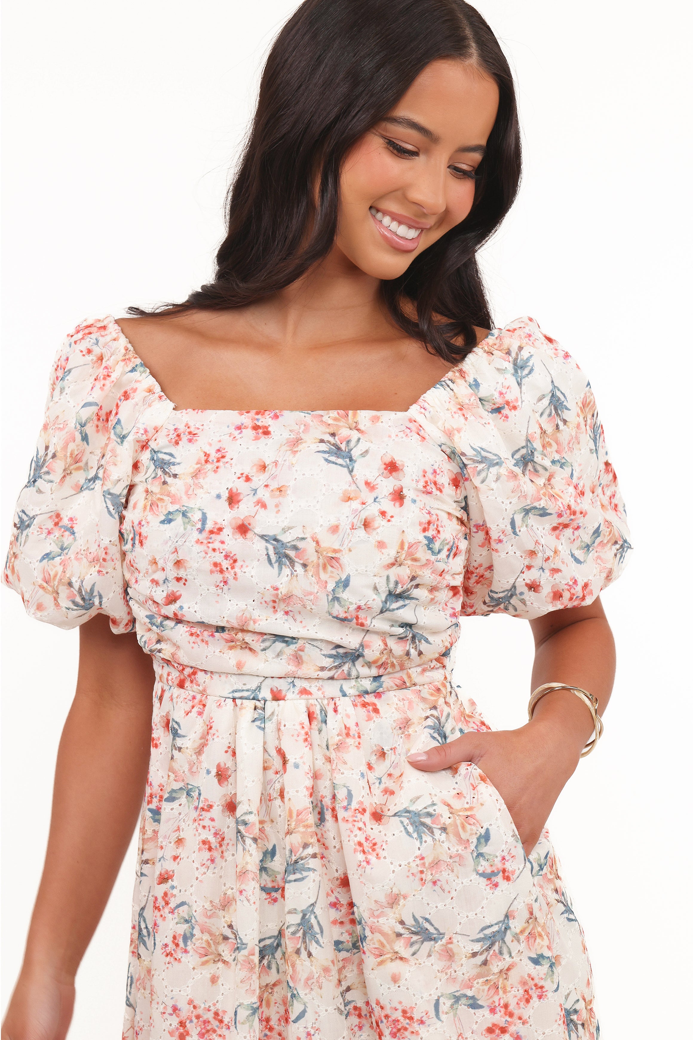 Clo Puff Sleeve Midi Dress - Ivory Floral