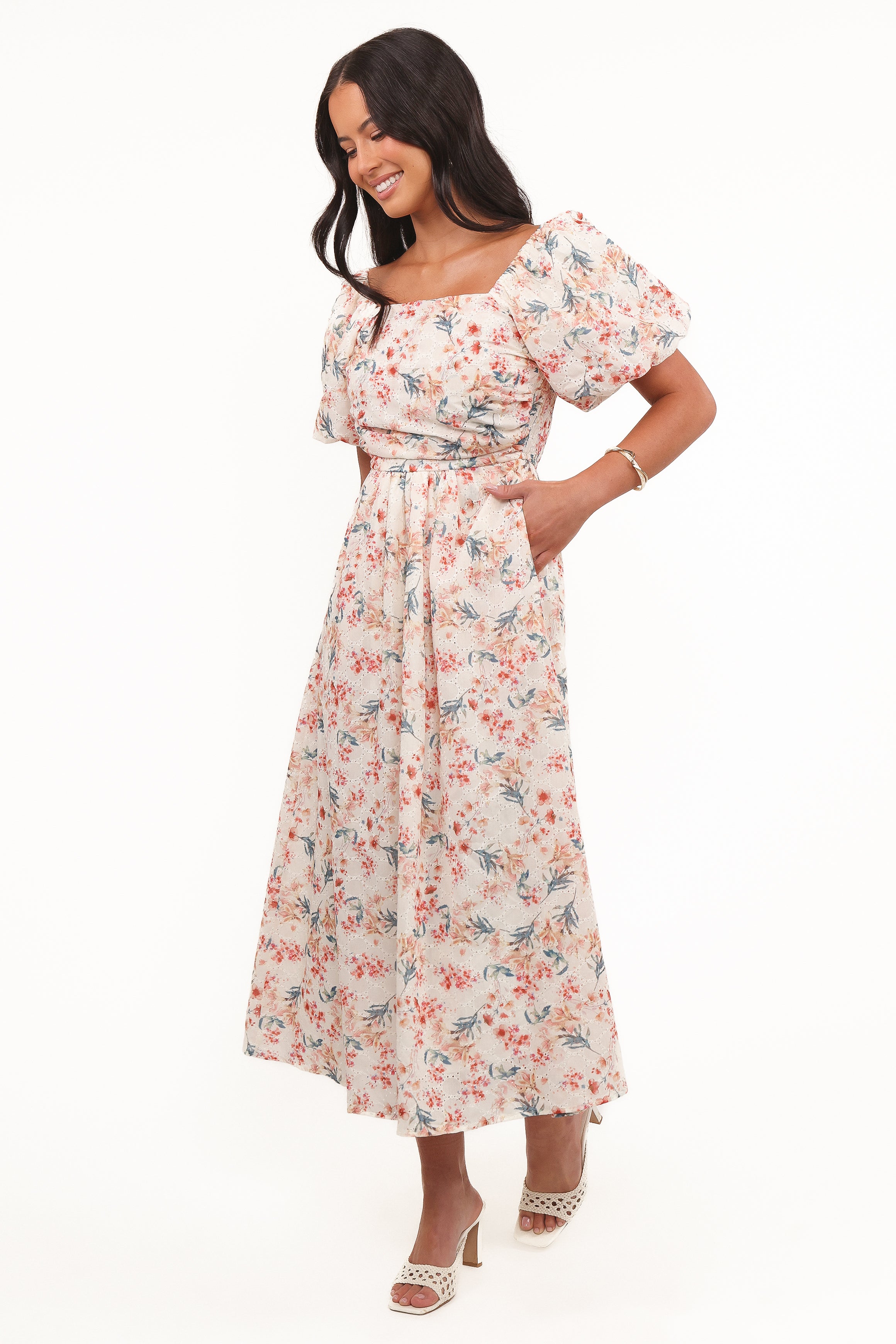 Clo Puff Sleeve Midi Dress - Ivory Floral