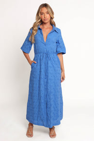 Cooper Embroidered Button Through Midi Dress - Cobalt
