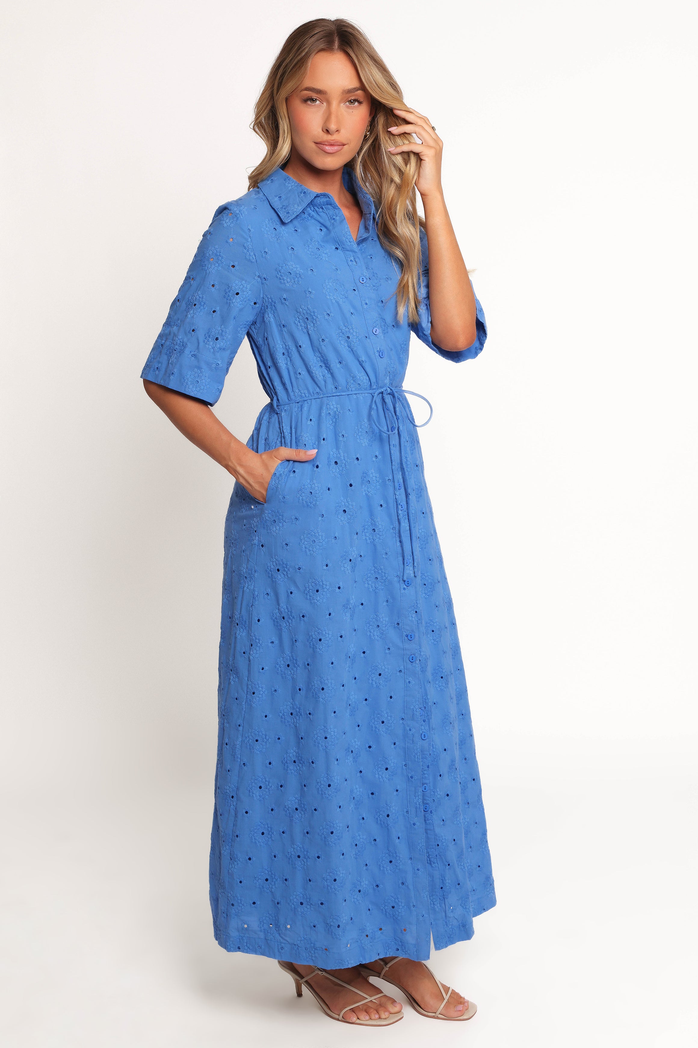 Cooper Embroidered Button Through Midi Dress - Cobalt
