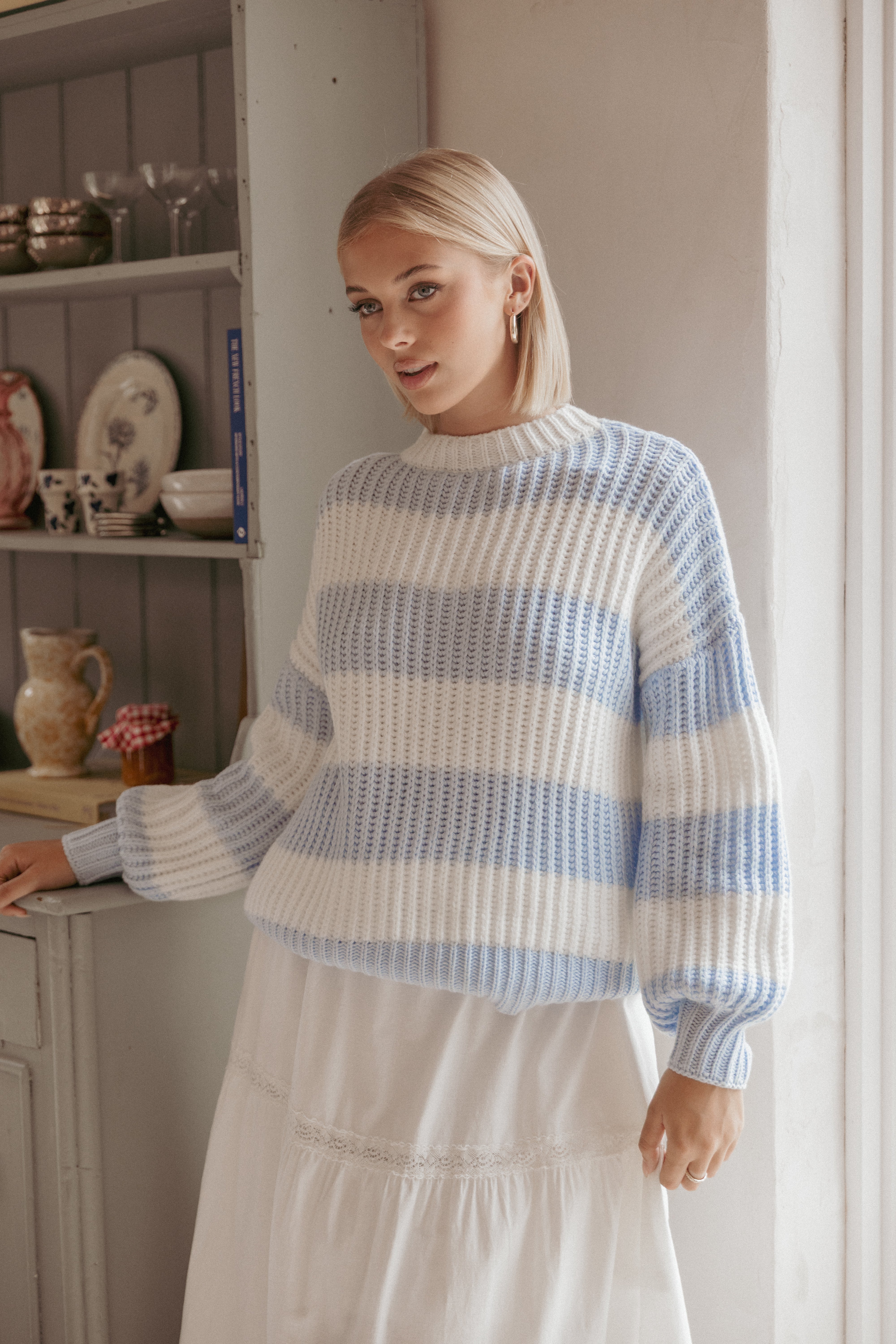 Courtney Thick Stripe Knit Sweater - Blue Cream