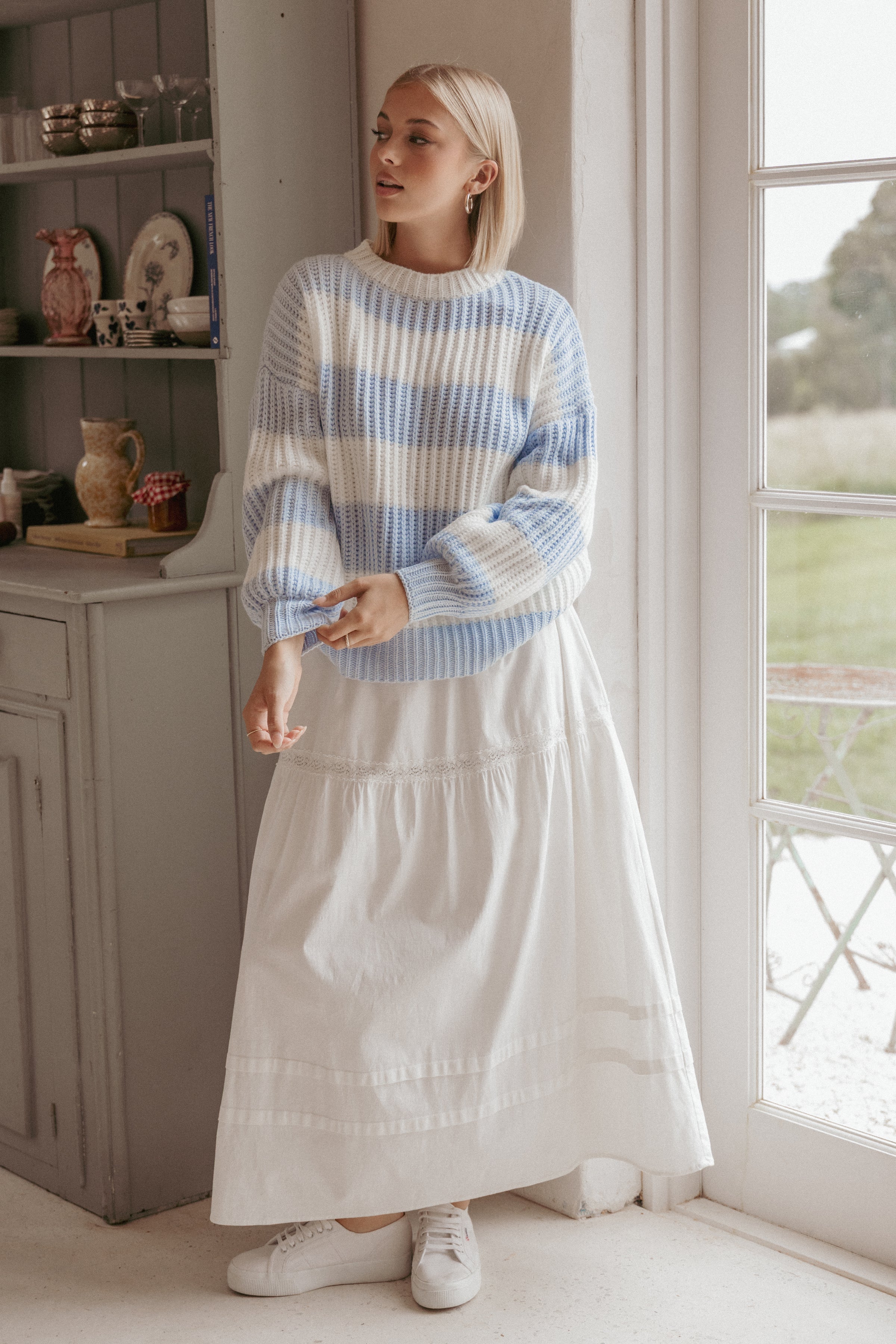 Courtney Thick Stripe Knit Sweater - Blue Cream