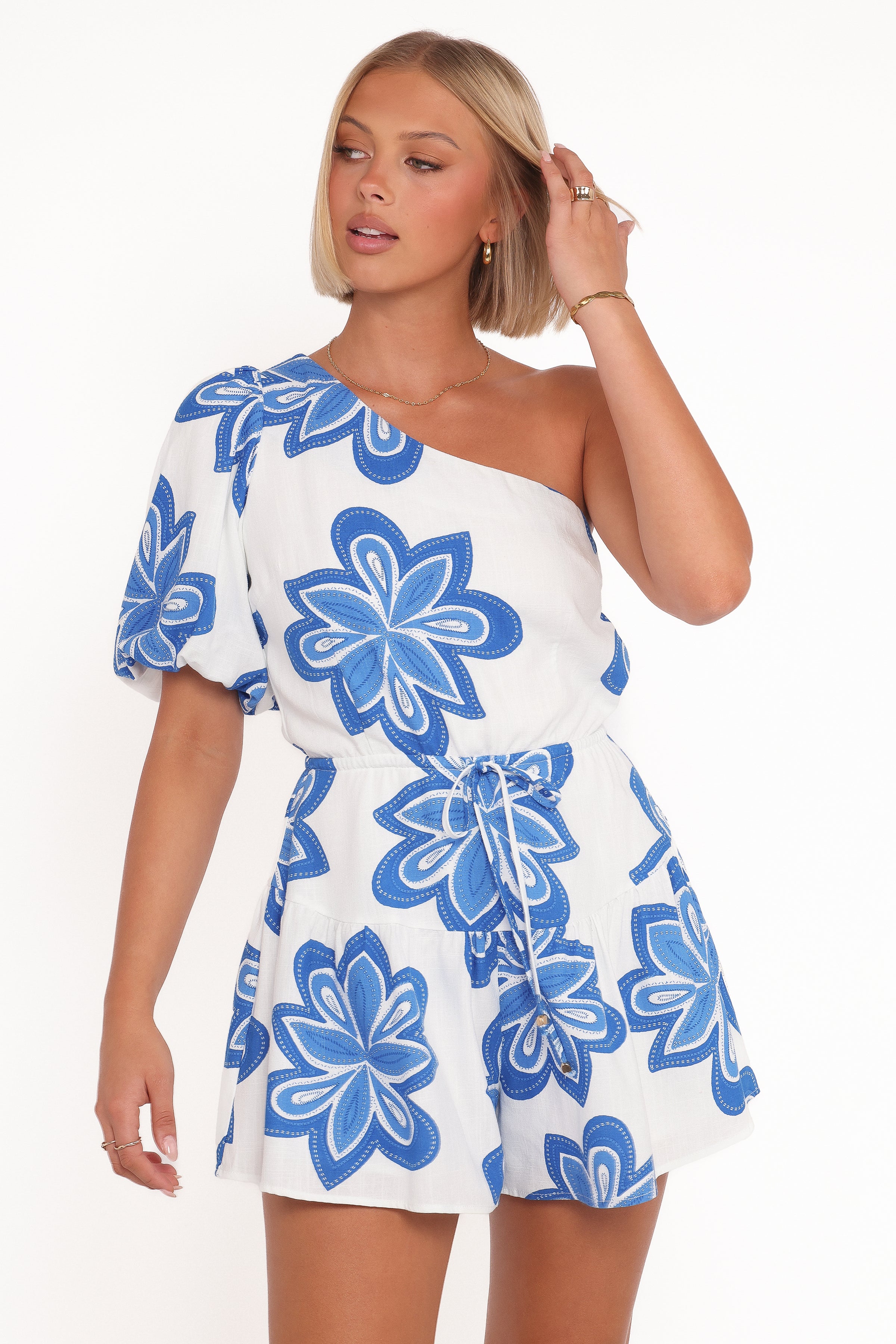 Delphine One Shoulder Playsuit - White Blue