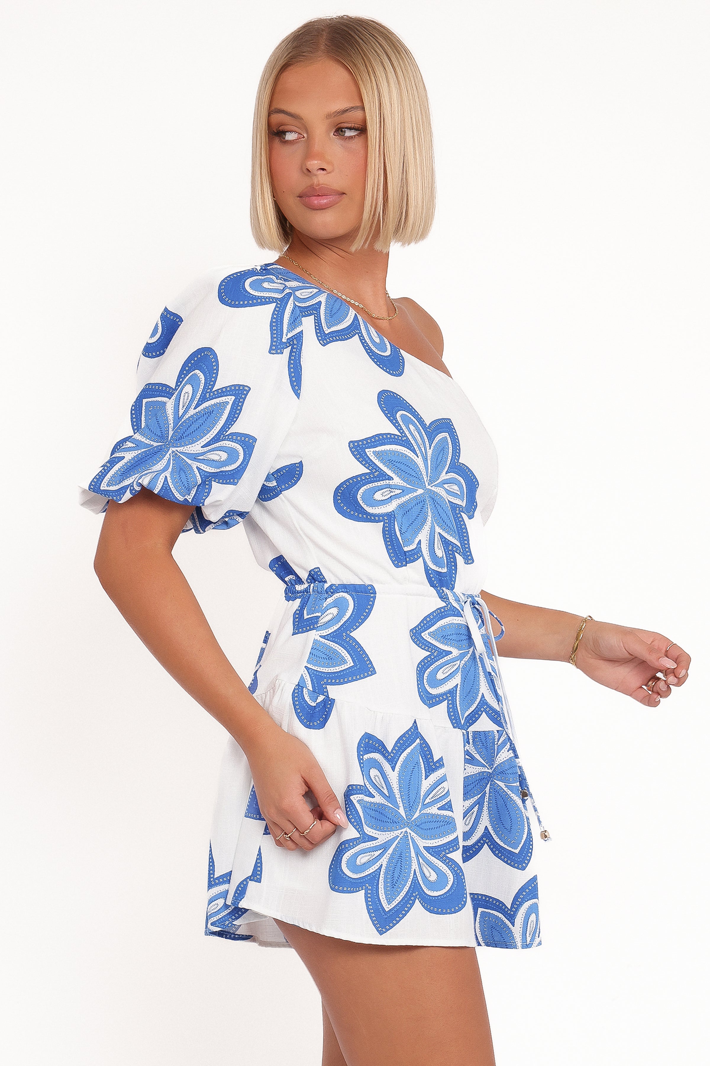 Delphine One Shoulder Playsuit - White Blue