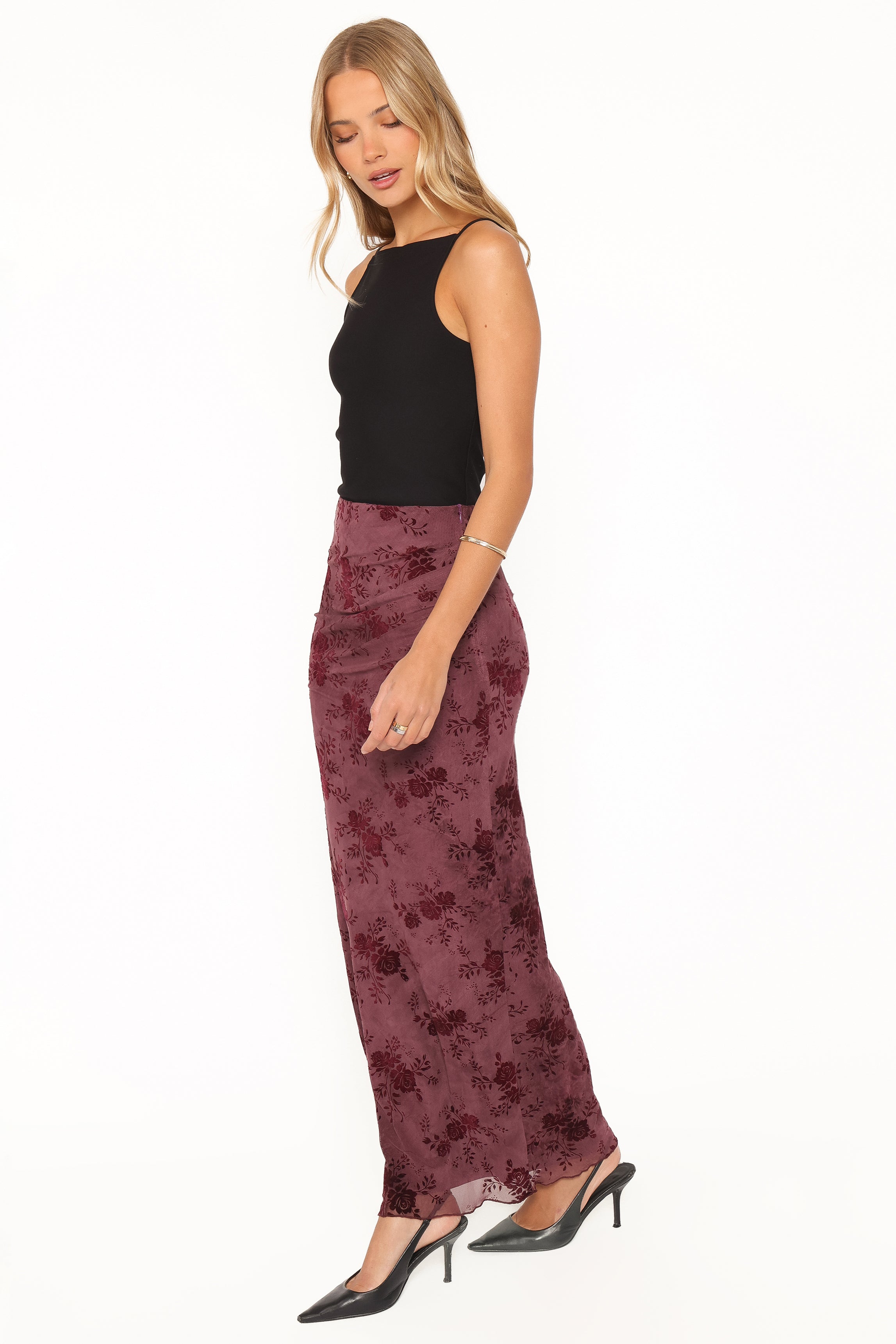 Devona Gathered Maxi Skirt - Plum Burnout