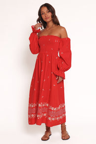 Domenica Shirred Long Sleeve Midi Dress - Red Floral Bandana