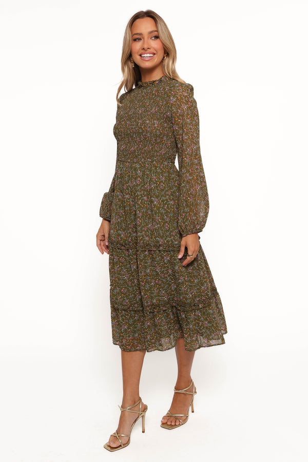 Edwina Shirred Frill Long Sleeve Midi Dress - Olive Floral - Petal & Pup