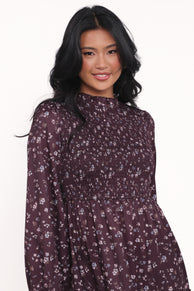 Edwina Shirred Frill Long Sleeve Midi Dress - Plum Floral