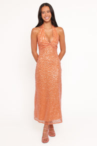 Eisley Halter Midi Dress - Orange Sequin