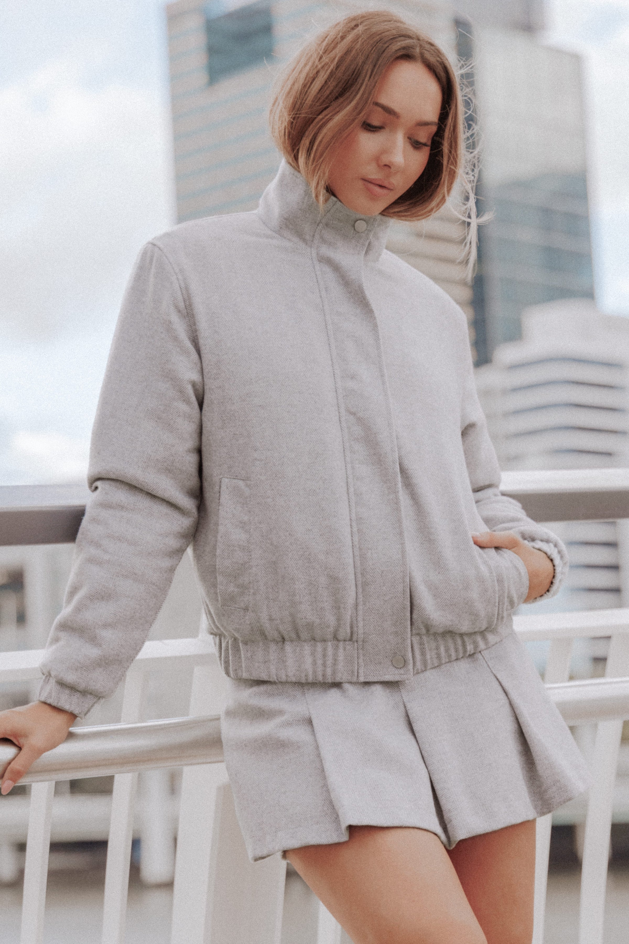 Peyton Funnel Neck Bomber Jacket - Grey Herringbone