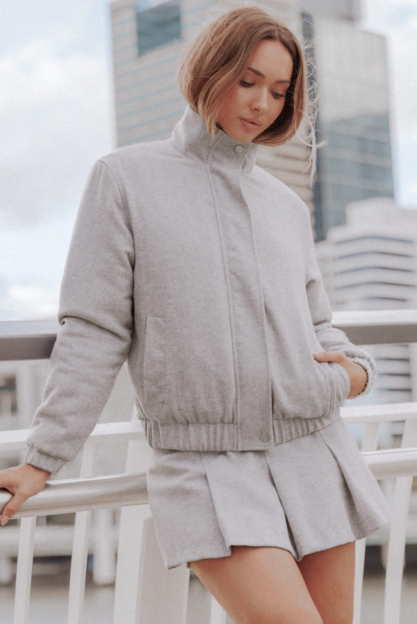 Peyton Funnel Neck Bomber Jacket - Grey Herringbone