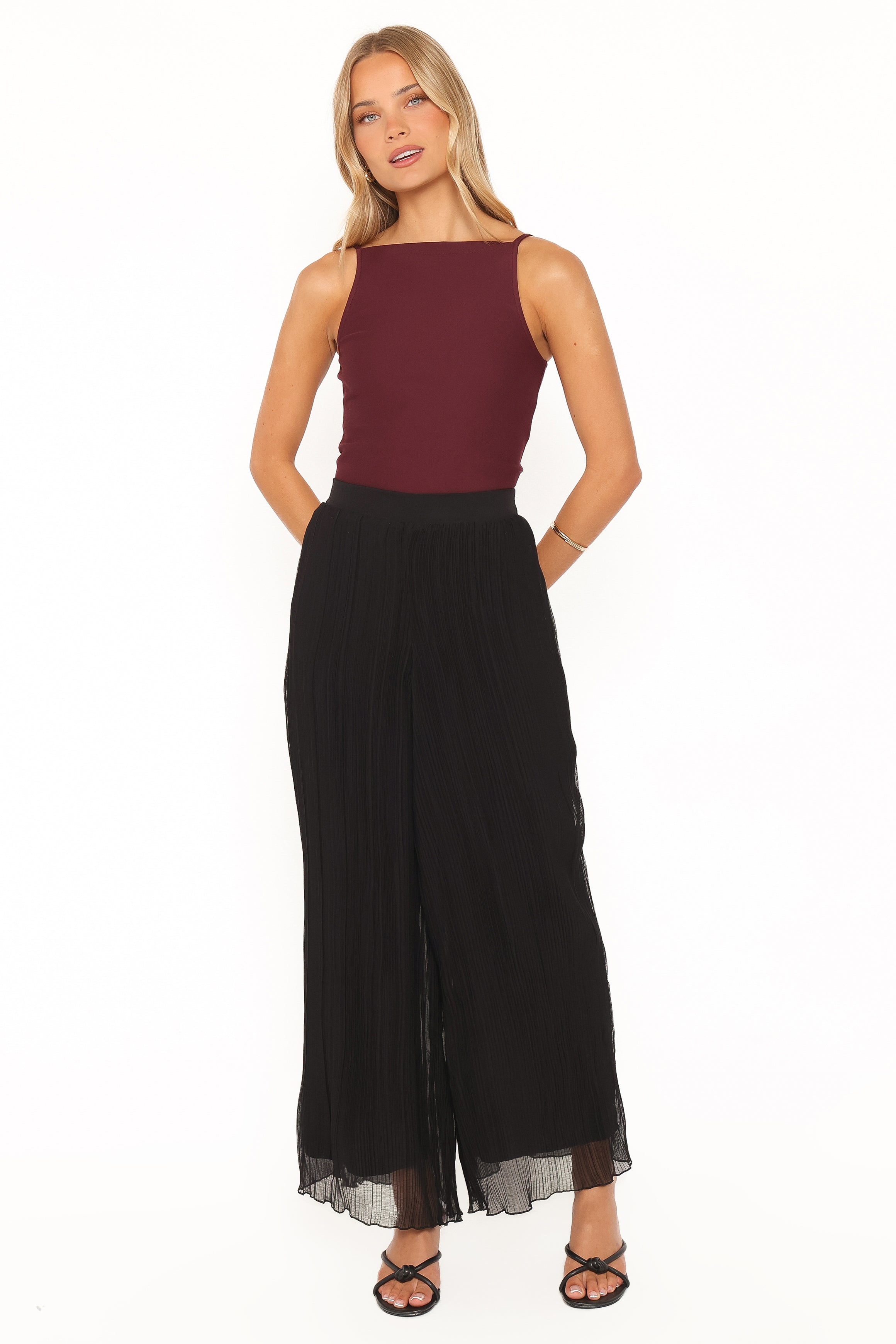 Elisa Wide Leg Plisse Pants - Black