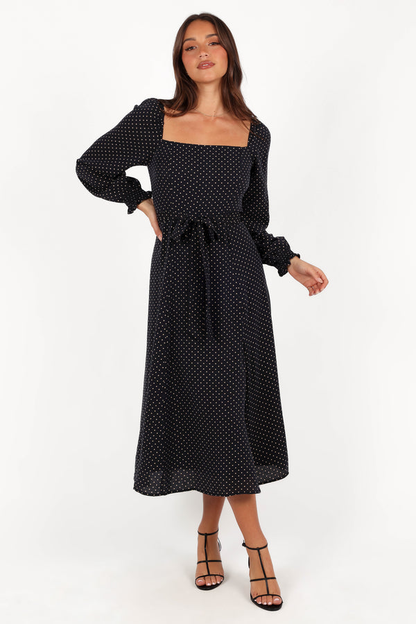 Ettie Long Sleeve Midi Dress - Black Polka Dot