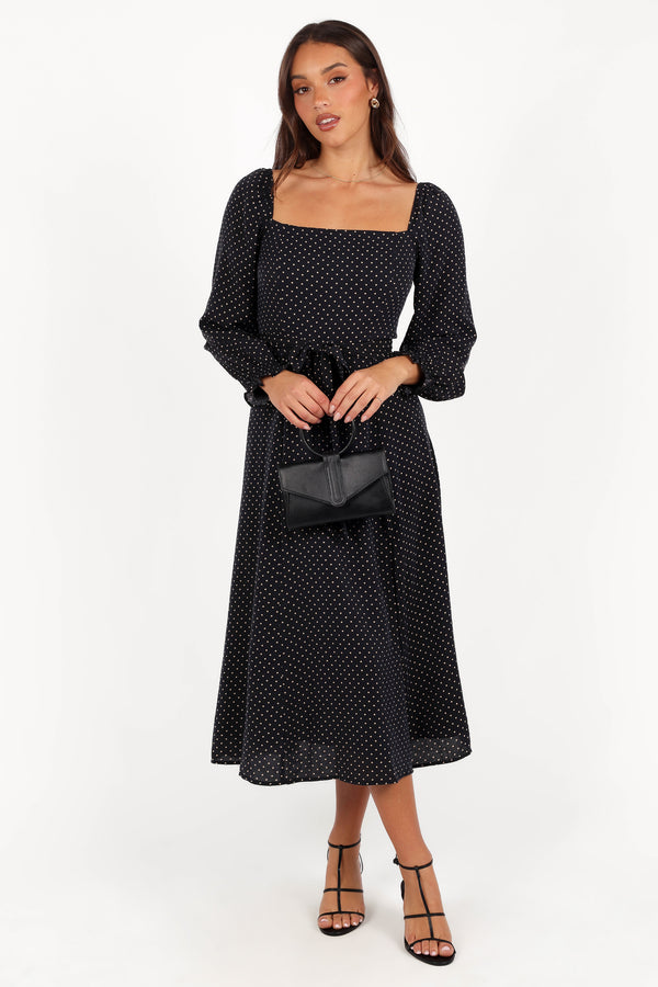 Ettie Long Sleeve Midi Dress - Black Polka Dot