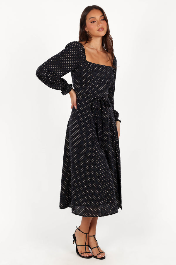 Ettie Long Sleeve Midi Dress - Black Polka Dot