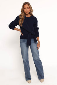 Ettie Wrap Side Tie Knit Sweater - Navy
