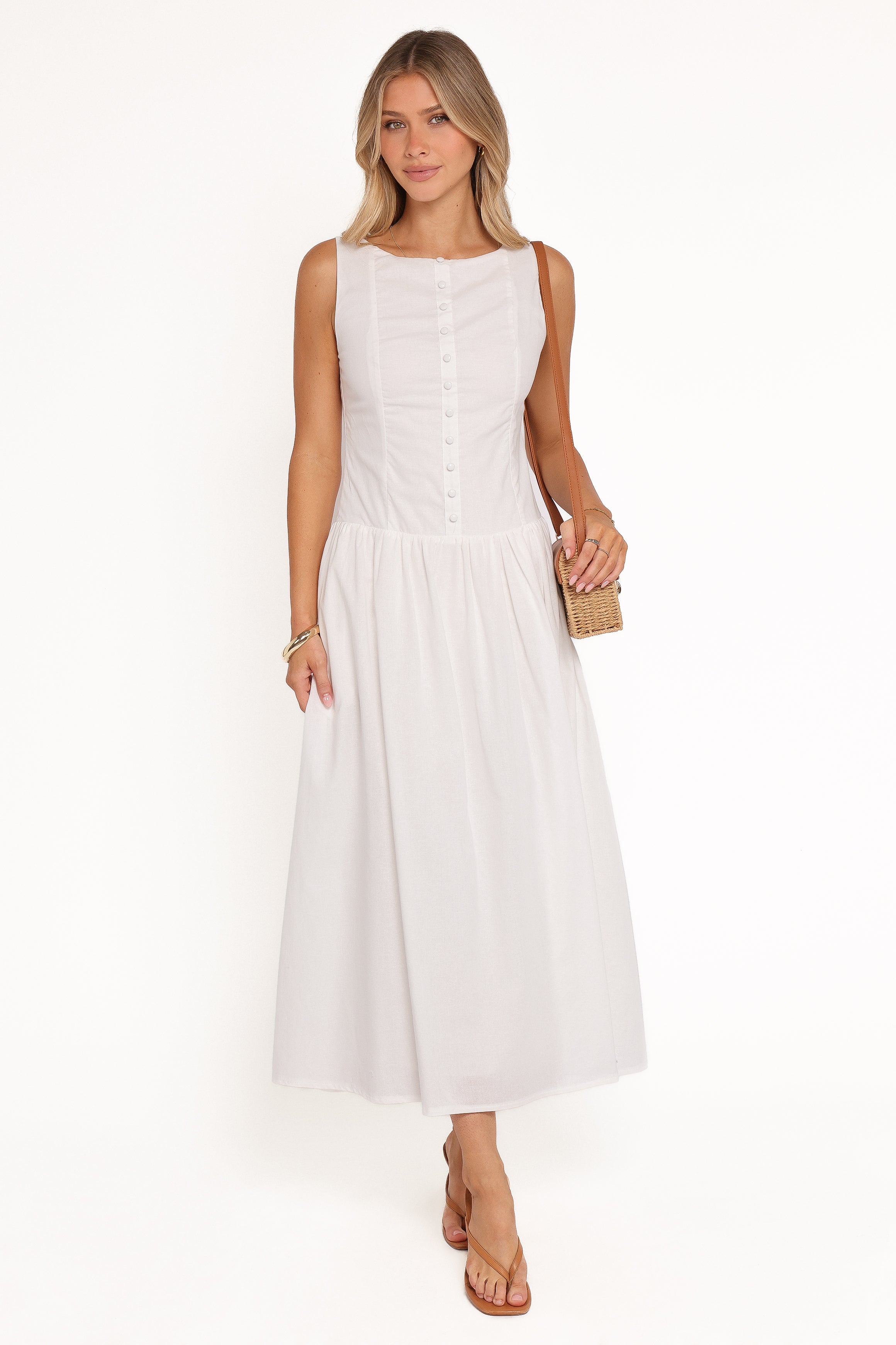 Evie Button Front Maxi Dress - White