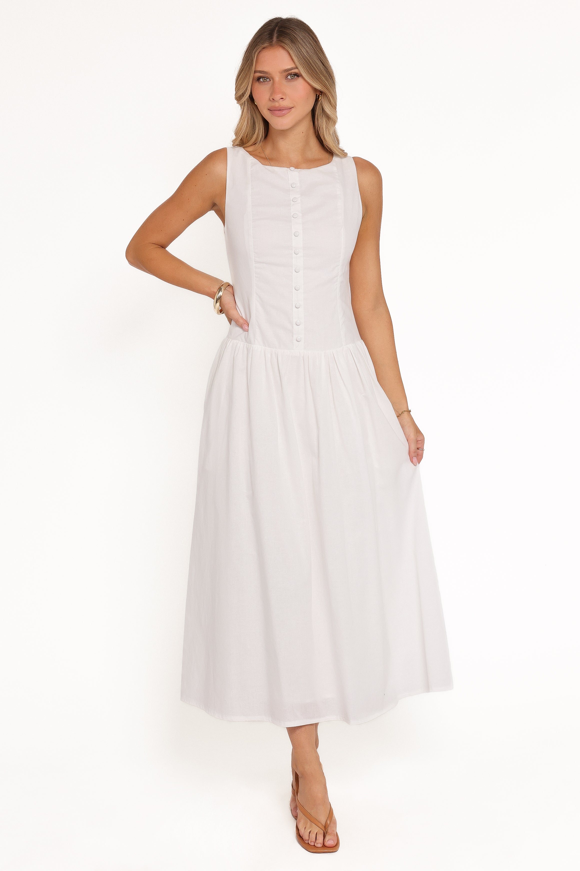 Evie Button Front Maxi Dress - White