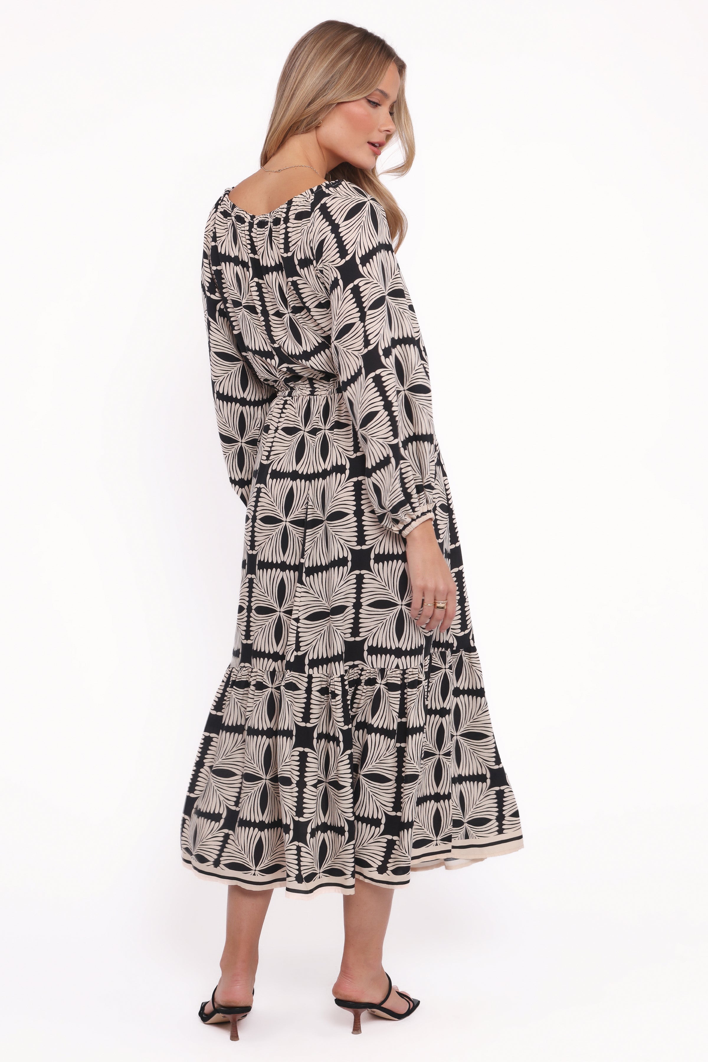 Faris Off Shoulder Midi Dress - Black Geo