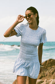 Kaelyn Gather Mini Dress - Blue Gingham