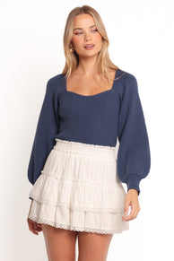 Gia Sweetheart Neck Bell Sleeve Knit Sweater - Navy