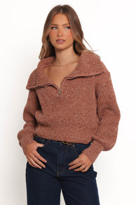 Hallow Collar Quarter Zip Sweater - Brown