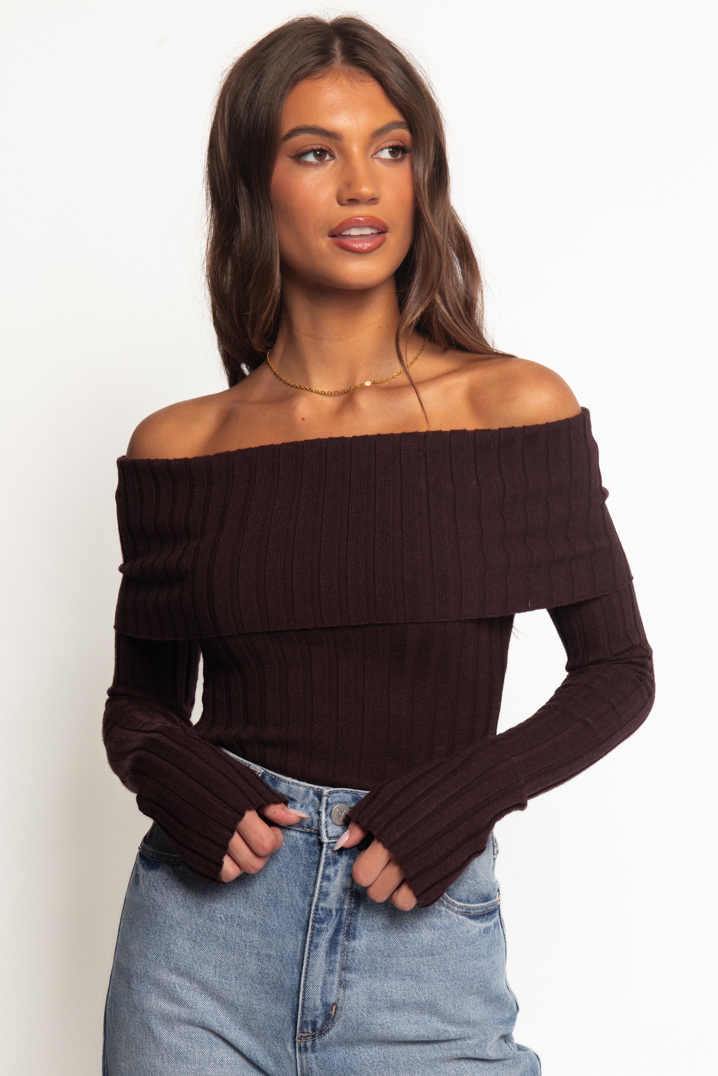 Inora Off Shoulder Knit Top - Chocolate