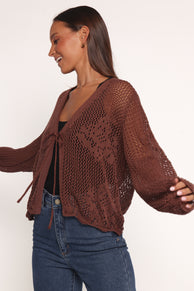 Jeniper Tie Front Flower Cardigan - Brown