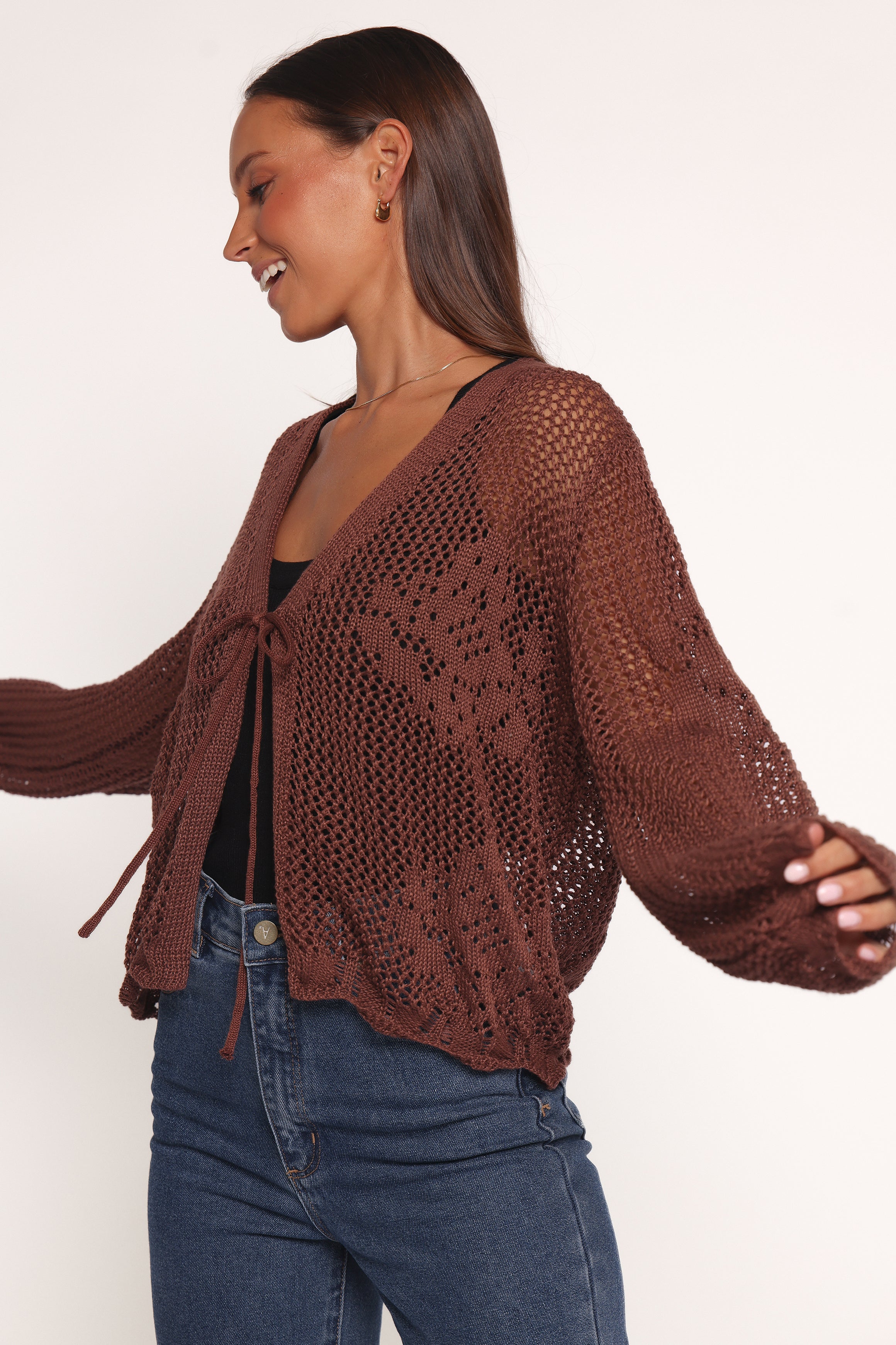 Jeniper Tie Front Flower Cardigan - Brown