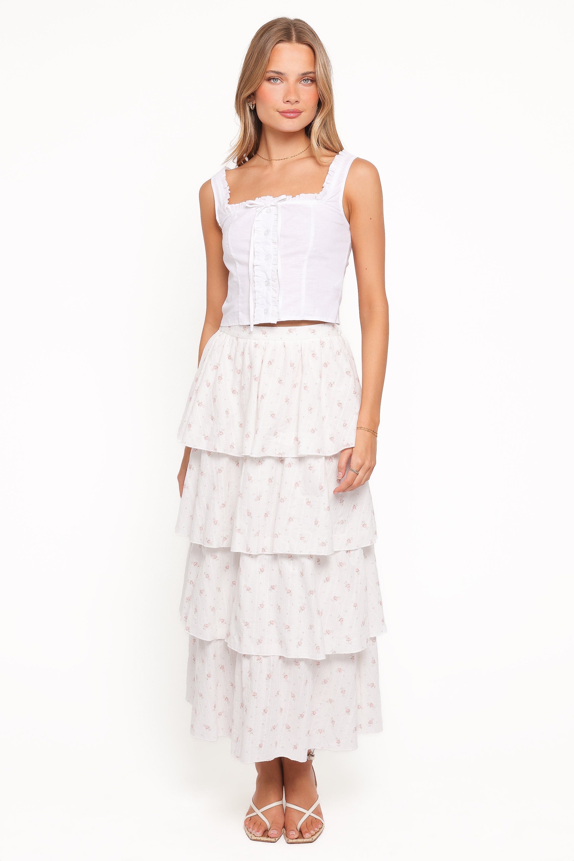 Jorath Tiered Maxi Skirt - White Floral