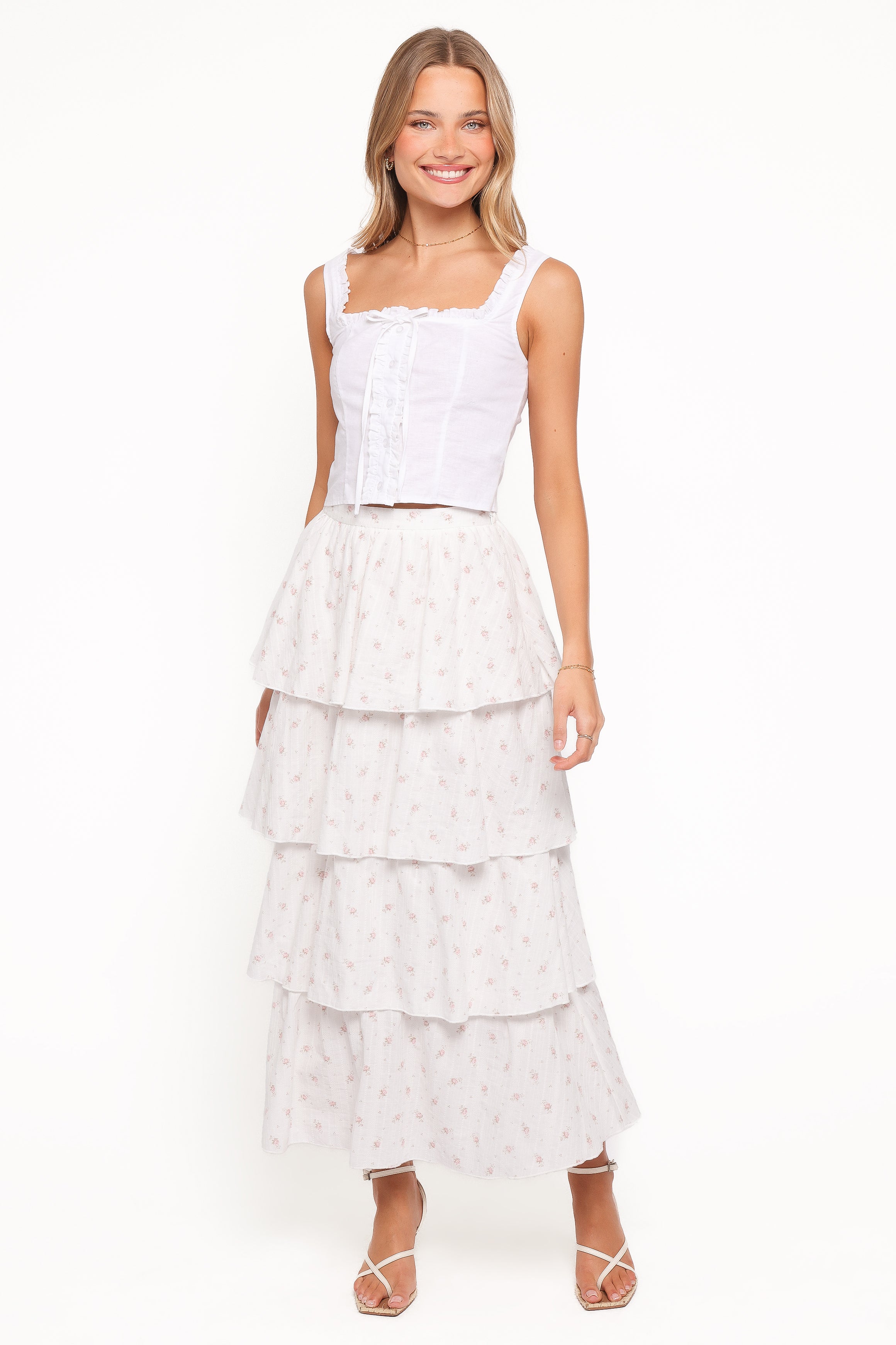 Jorath Tiered Maxi Skirt - White Floral