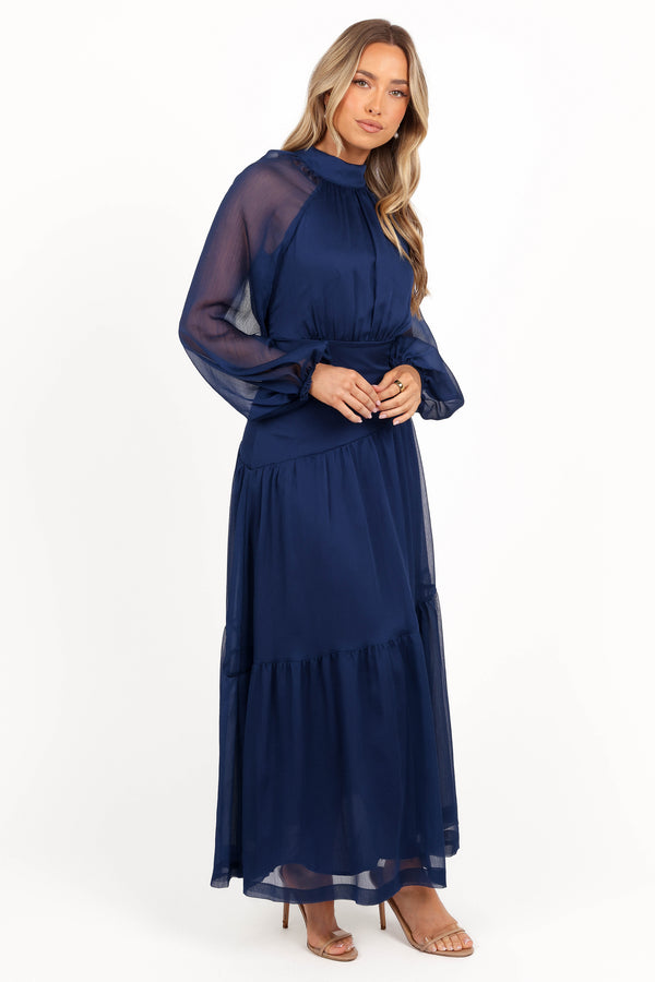 Julip Sheer Long Sleeve Maxi Dress - Navy