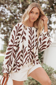 July Long Sleeve Smock Top - Brown Palm
