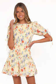 Kaelyn Gather Mini Dress - Yellow Floral