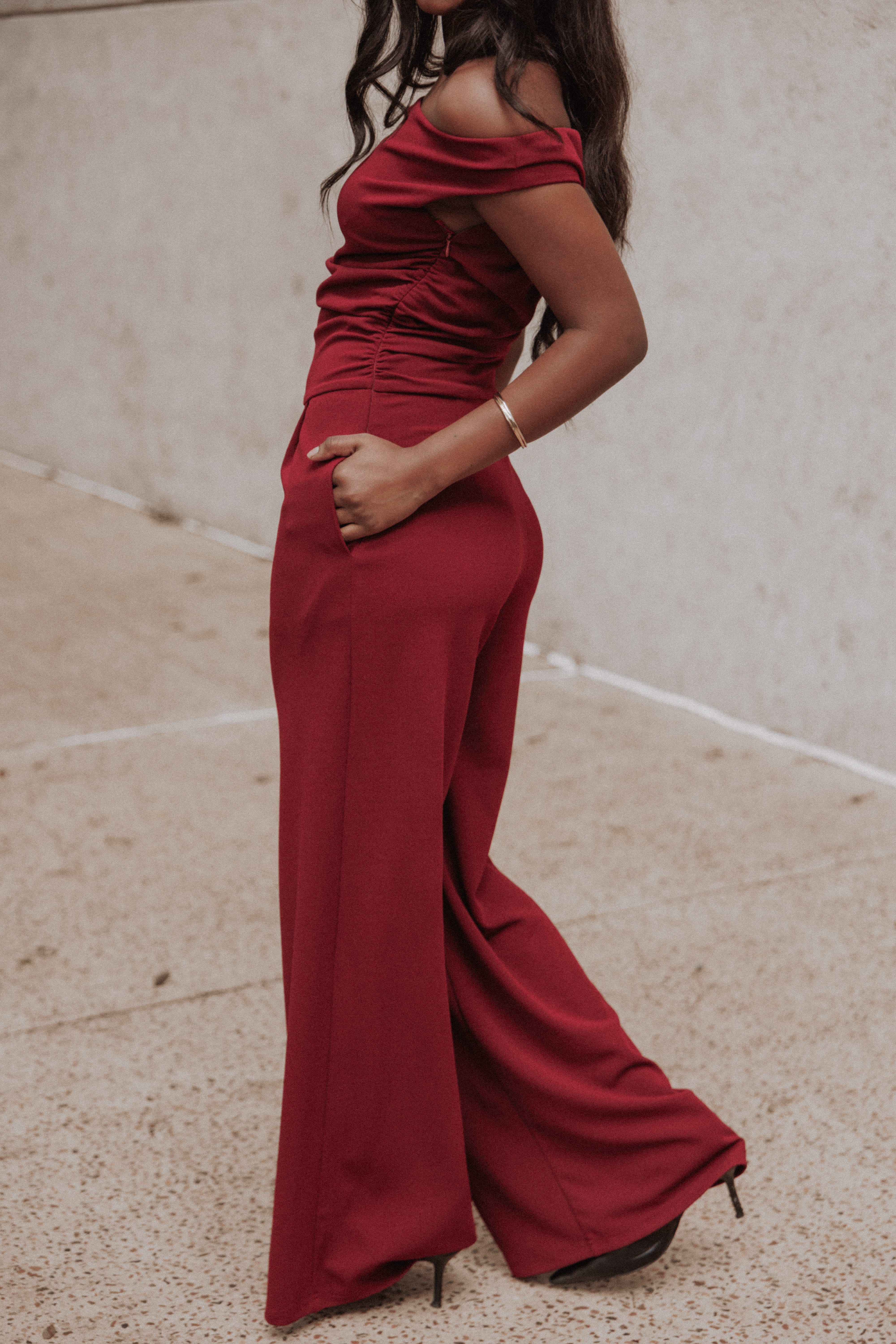 Kassidy Off Shoulder Jumpsuit - Burgundy