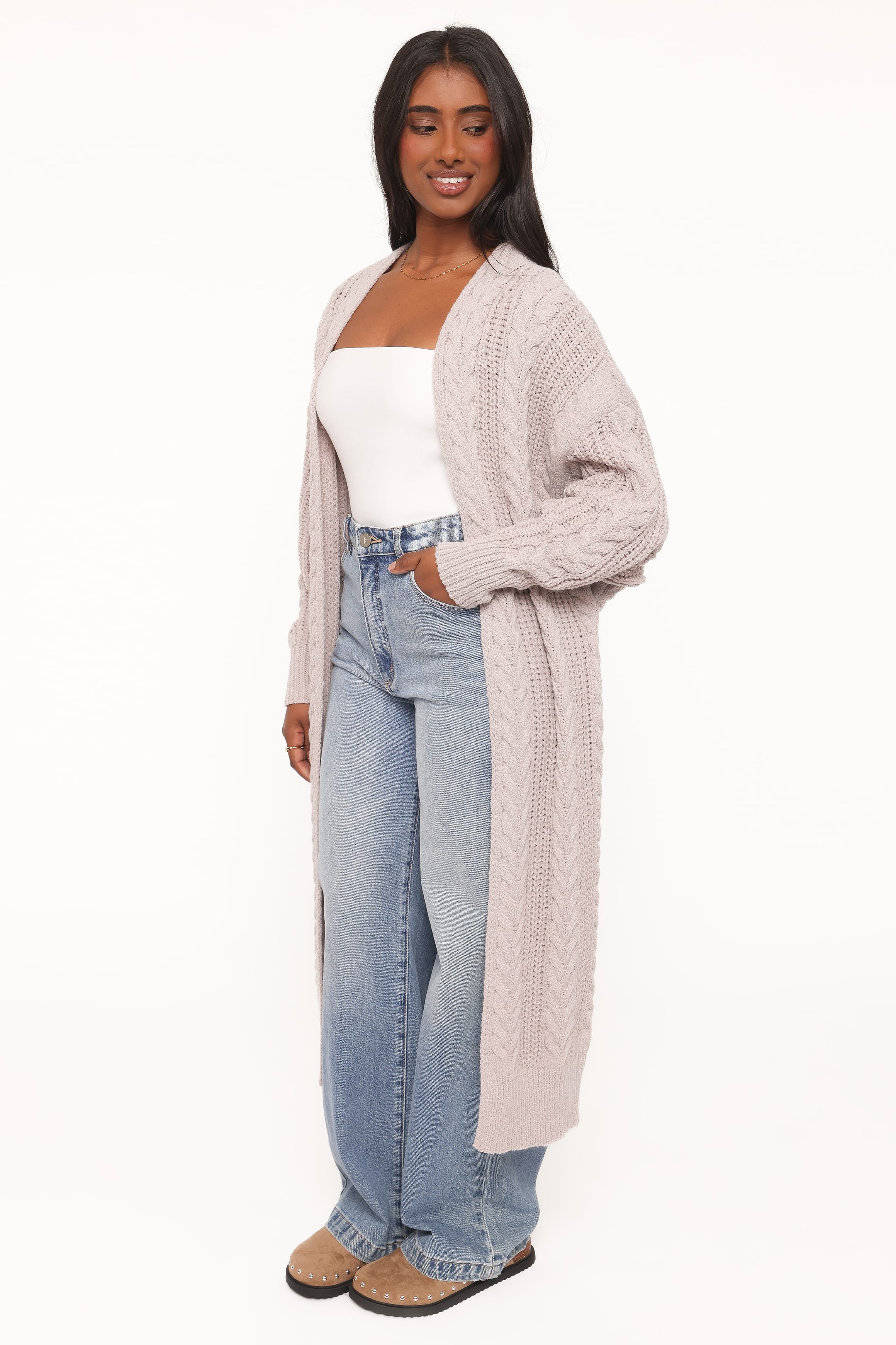 Kensie Cable Coatigan Sweater - Taupe