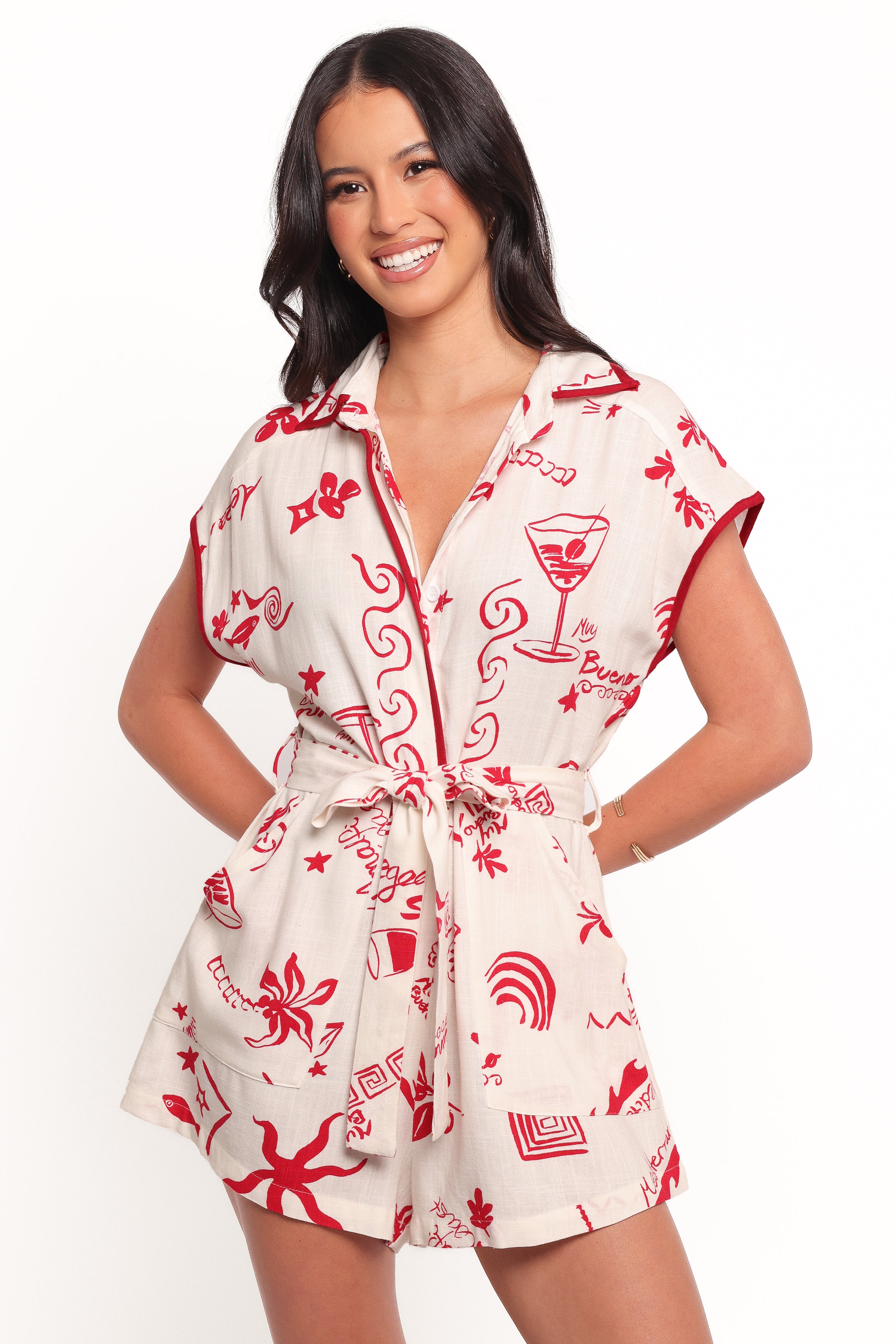Kensie Tie Waist Playsuit - Red