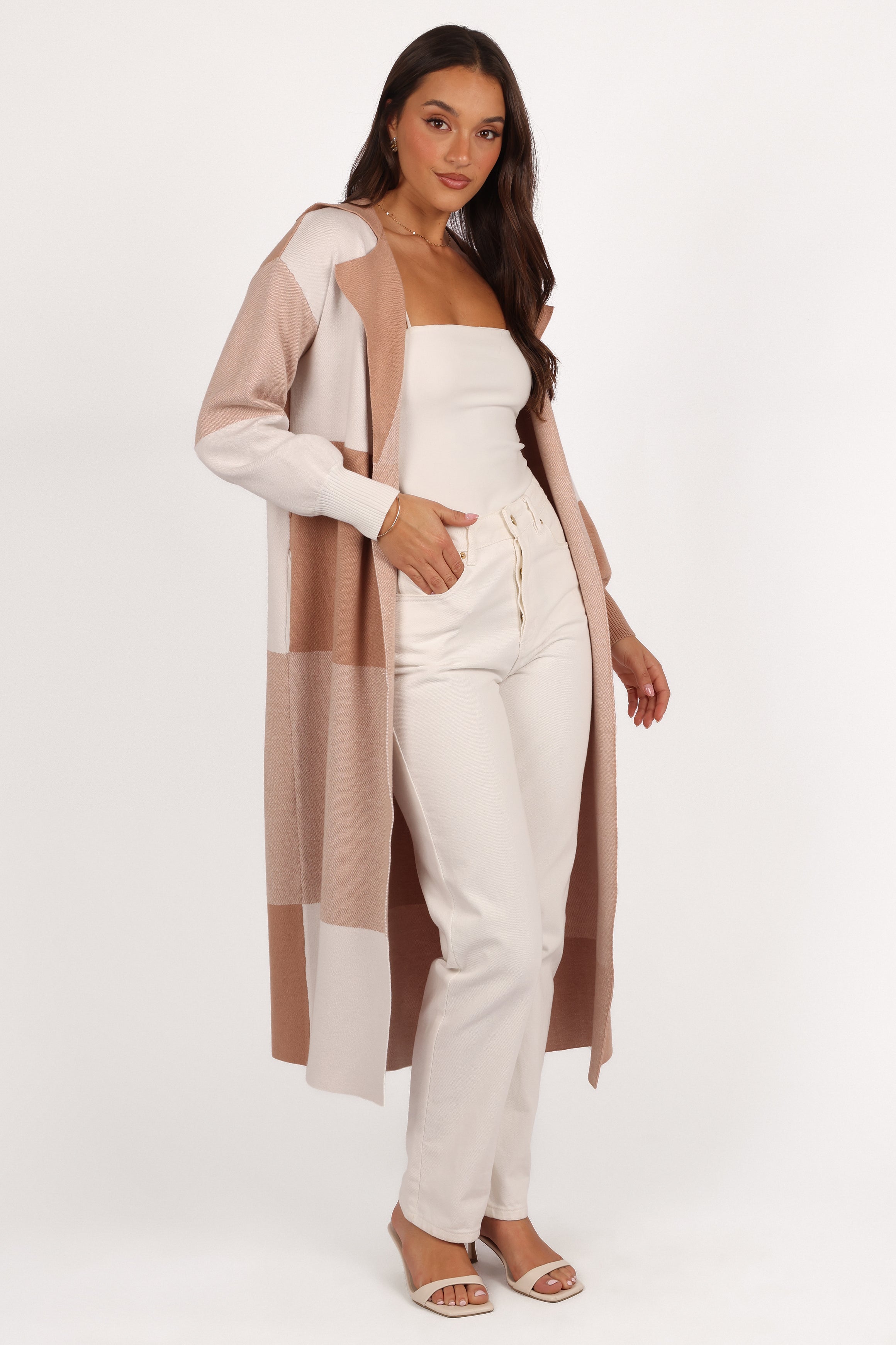 Kingston Large Check Long Cardigan - Beige Check