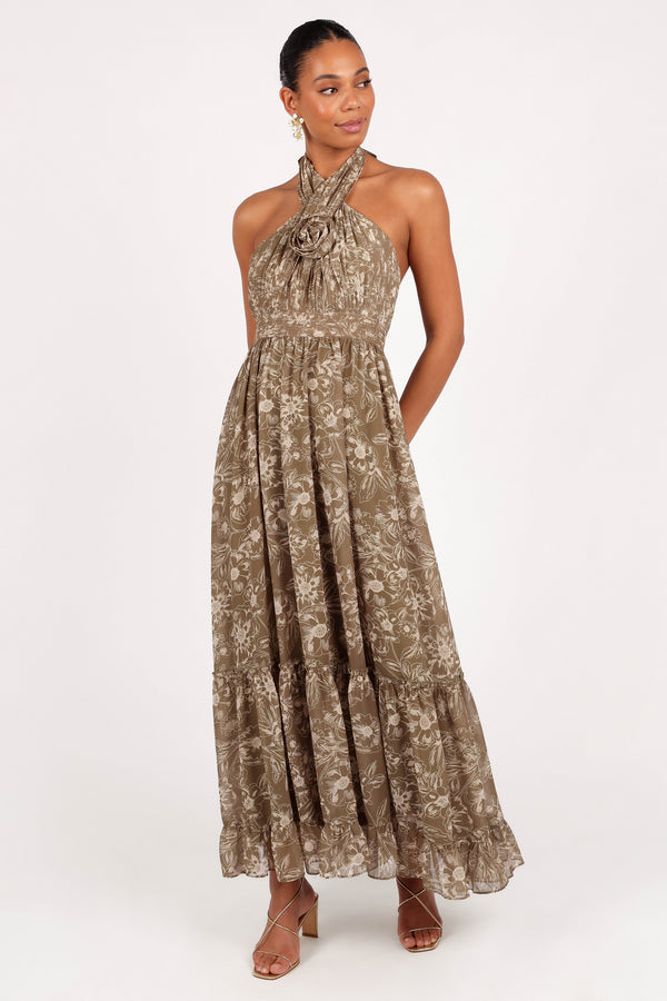 Lennon Halterneck Maxi Dress - Olive Floral