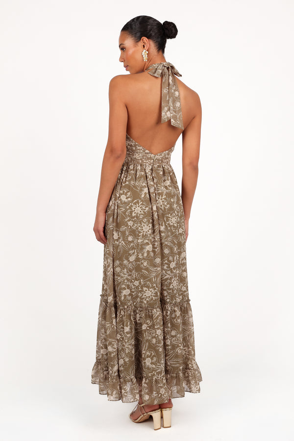 Lennon Halterneck Maxi Dress - Olive Floral