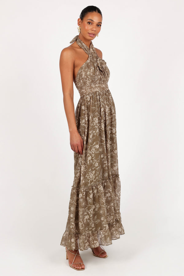 Lennon Halterneck Maxi Dress - Olive Floral